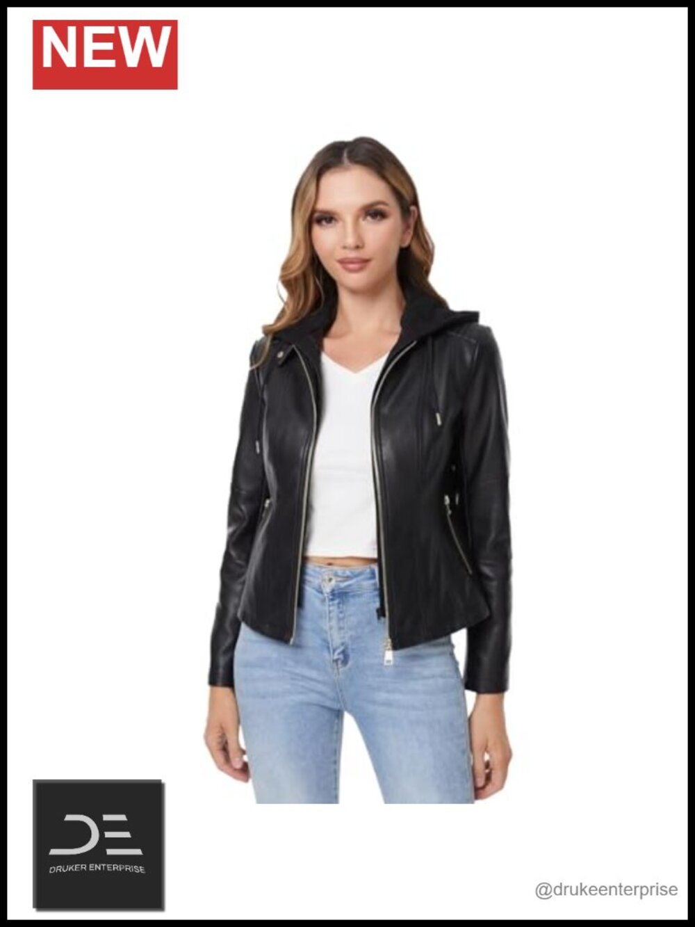Faux Leather Moto Biker Jacket Removable Hooded Coat Slim Fit Women